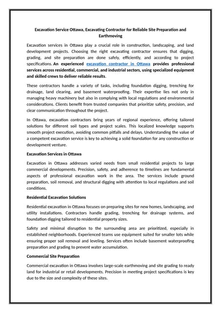 Excavation Service Ottawa, Excavating Contractor for Reliable Site Preparation and Earthmoving.docx