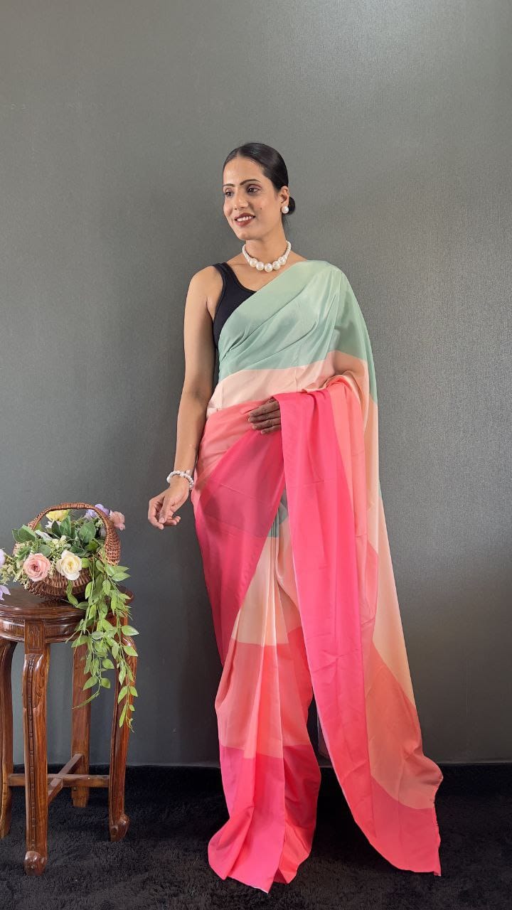 Aqua Coral Striped Georgette Saree | Buy Online