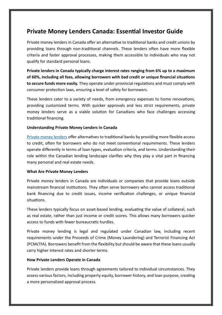 Private Money Lenders Canada Essential Investor Guide PowerPoint Presentation