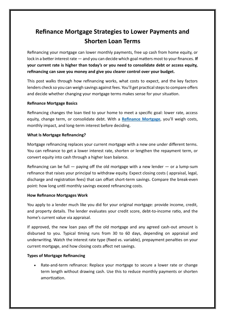 Refinance Mortgage Strategies to Lower Payments and Shorten Loan Terms