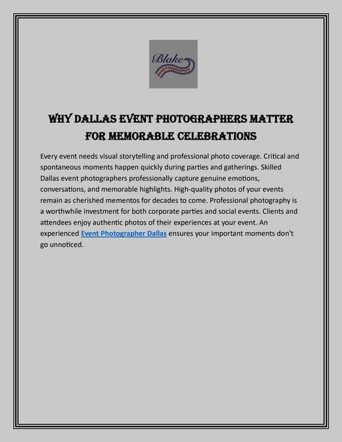 Why Dallas Event Photographers Matter for Memorable Celebrations | PDF